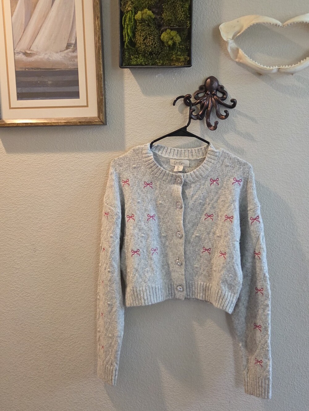 Cozy Gray Cropped Cardigan with Pink Bow Embroidery, Jessica Simpson, Size Small